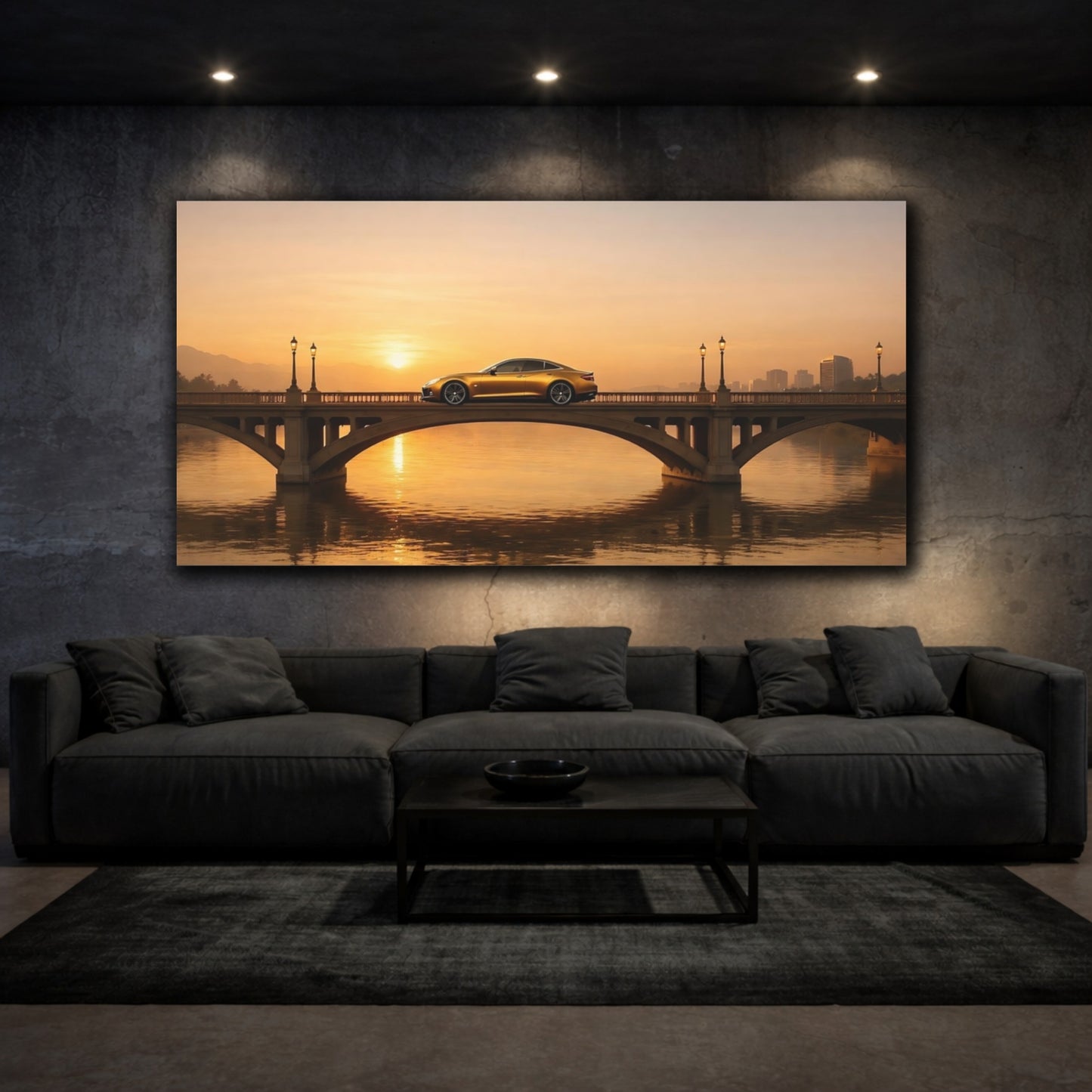 Mockup 2. Nature Luxury Car Golden Sunset Car shown as stretched canvas wall art