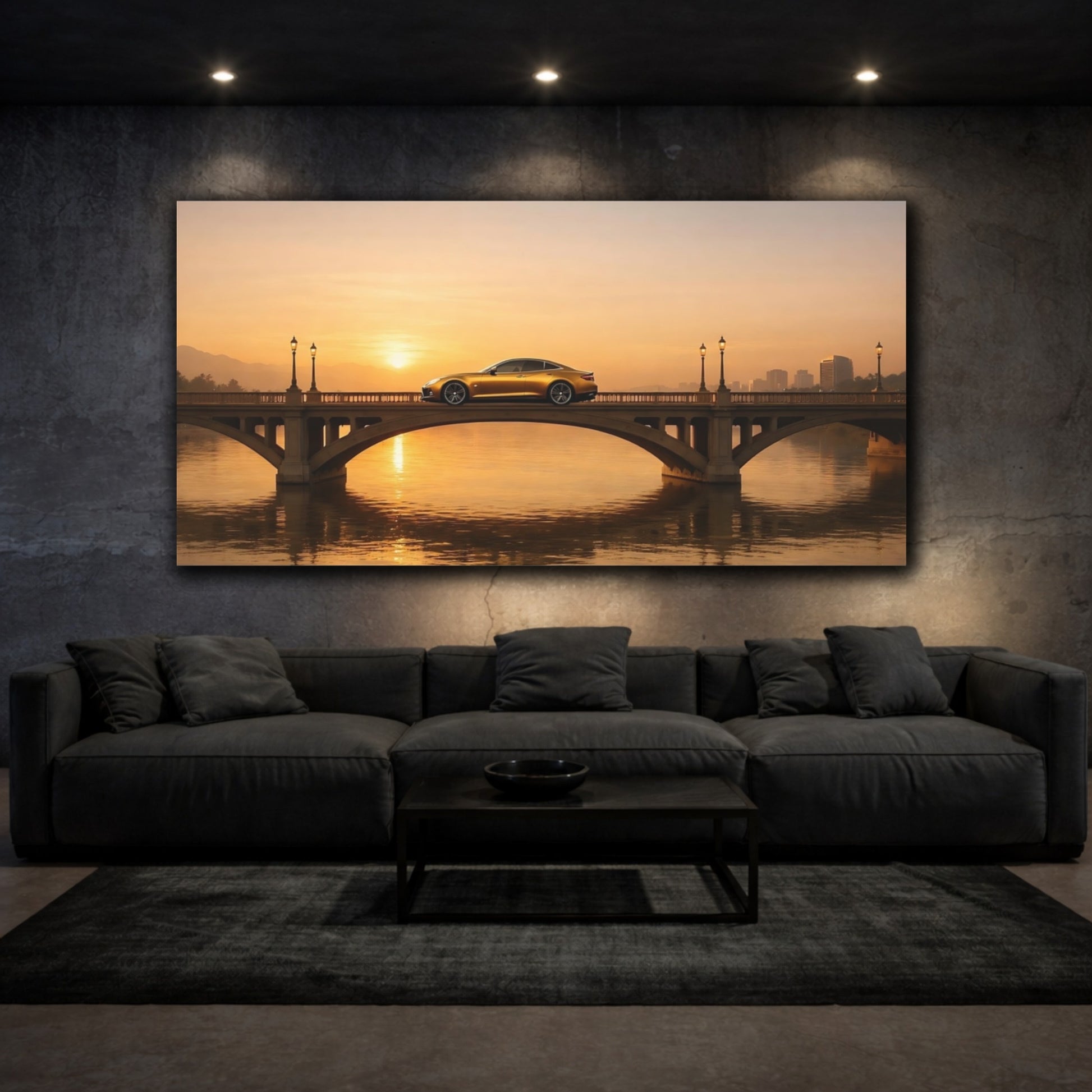 Mockup 2. Nature Luxury Car Golden Sunset Car shown as stretched canvas wall art