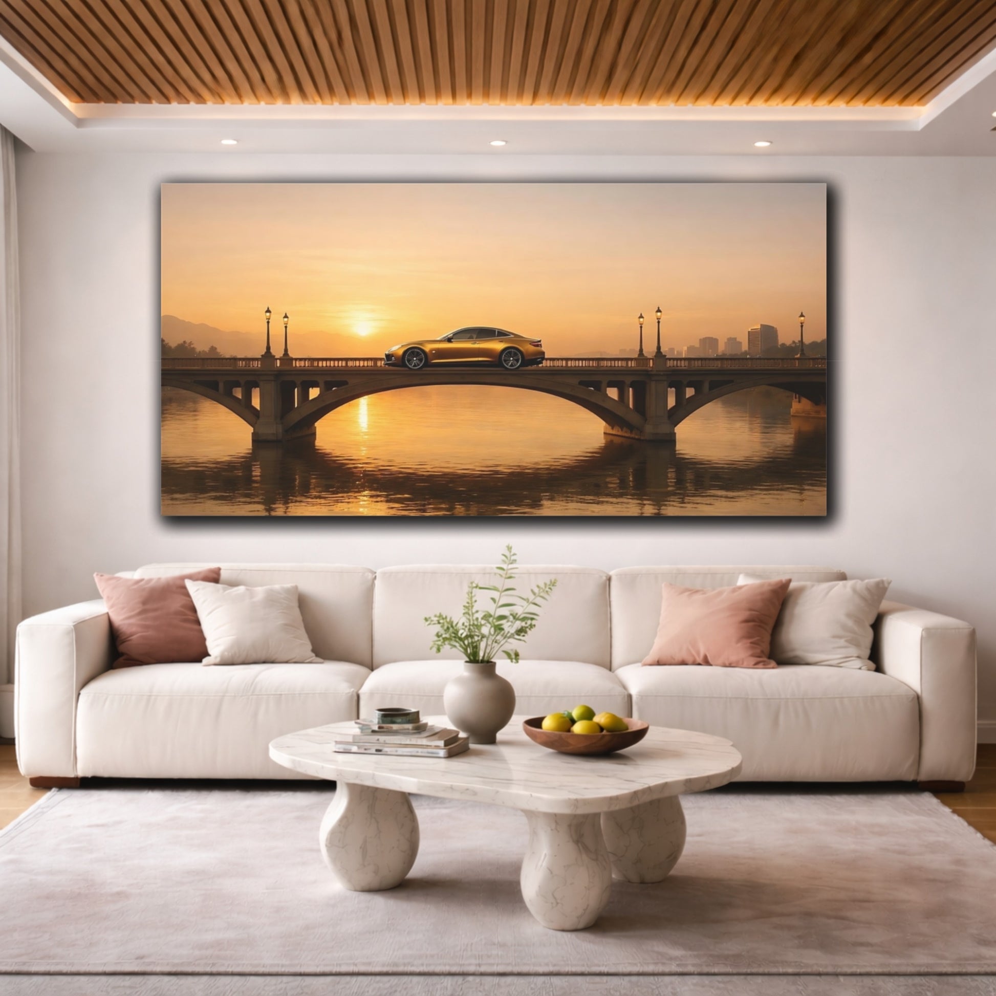 Mockup 3. Nature Luxury Car Golden Sunset Car shown as stretched canvas wall art