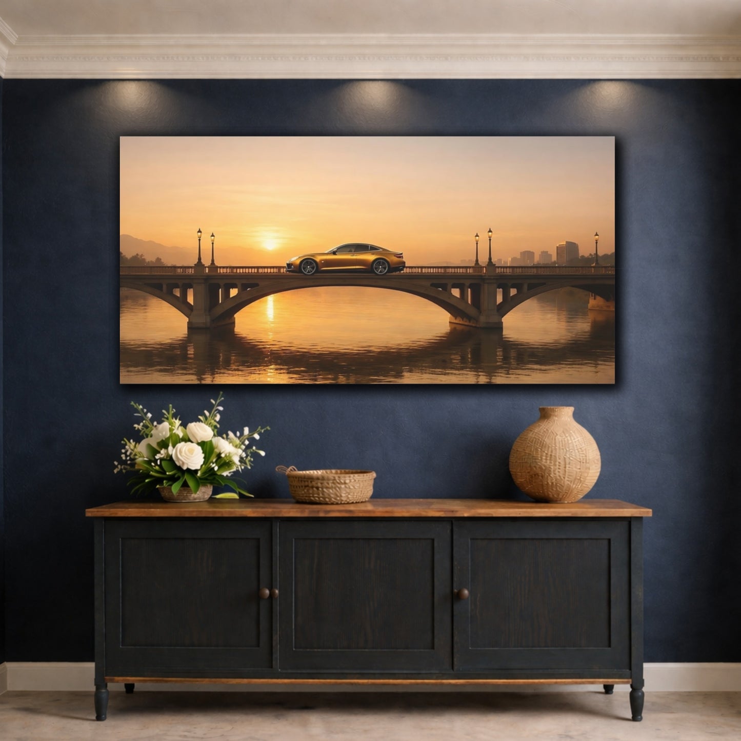 Mockup 4. Nature Luxury Car Golden Sunset Car shown as stretched canvas wall art