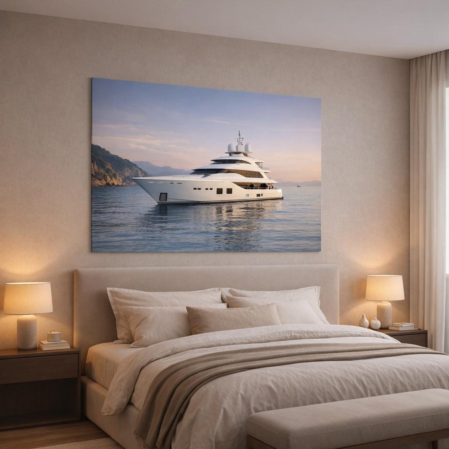 Nature Luxury Yacht shown as canvas wall art in a luxury bedroom