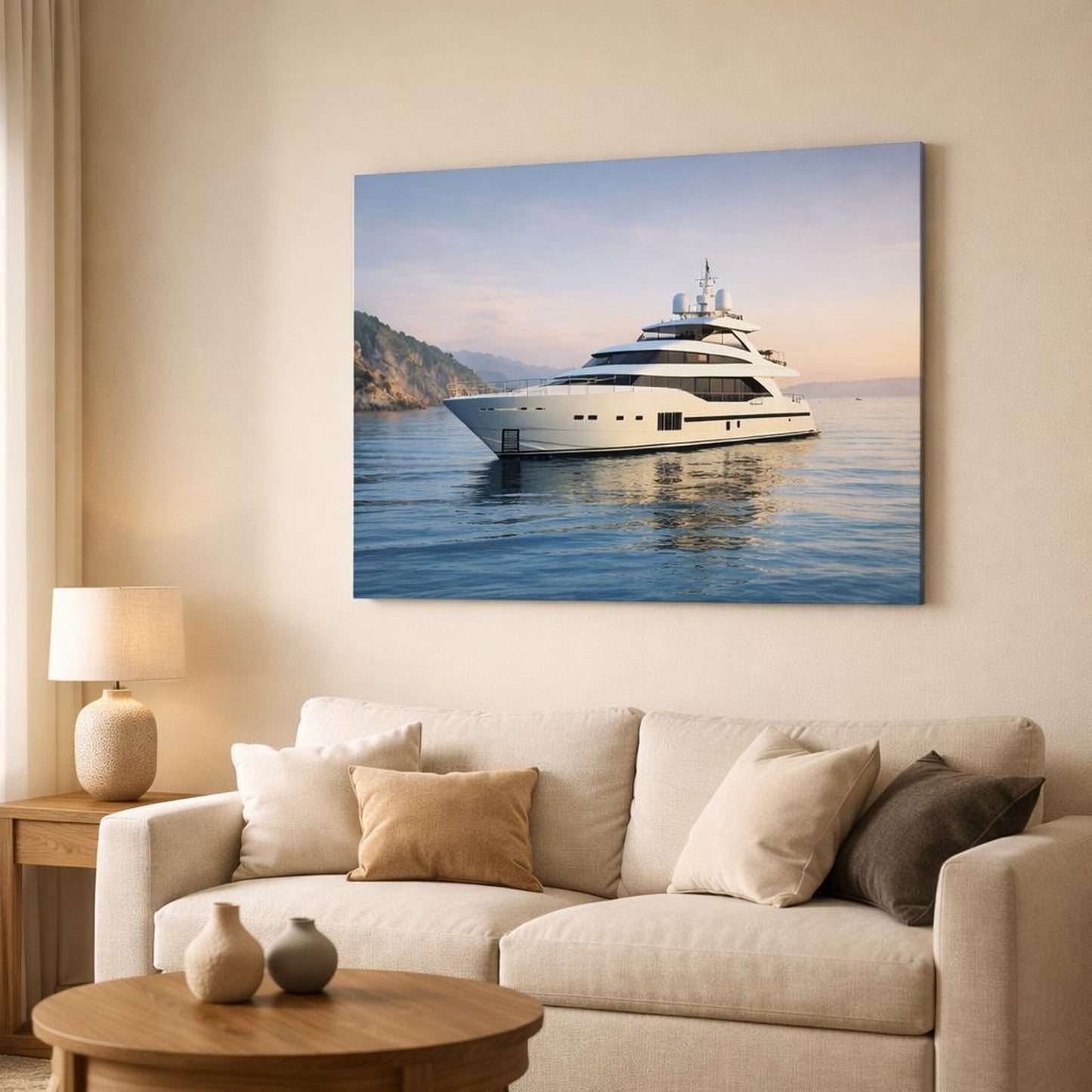 Nature Luxury Yacht shown as canvas wall art in a modern living room