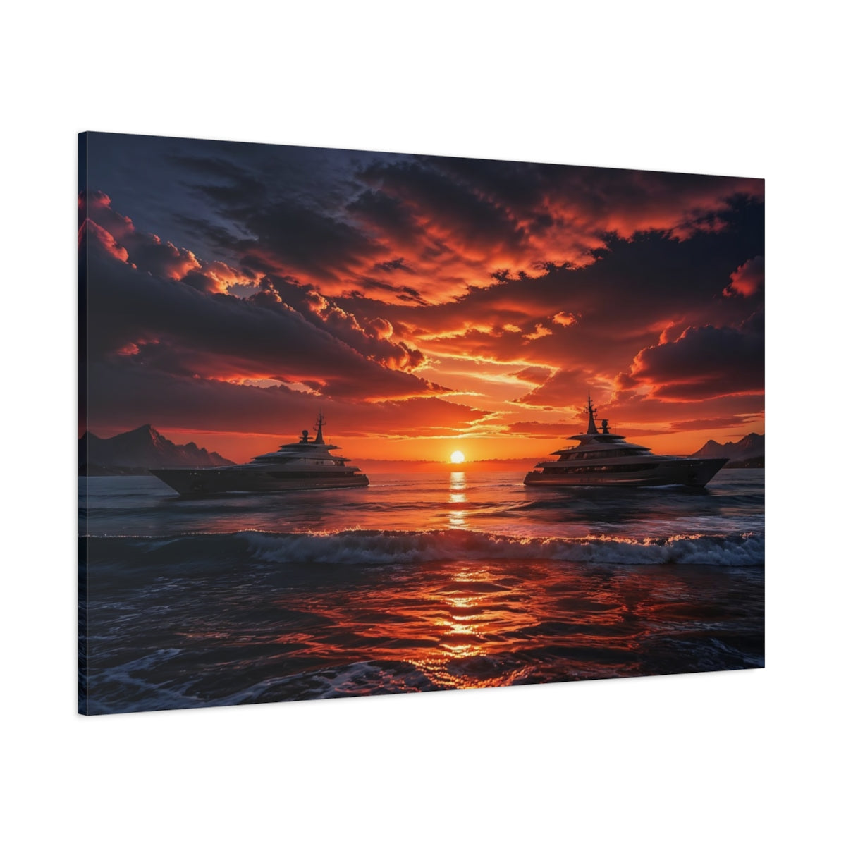 Side Mockup 1. Nature Luxury Yachts Orange Blue Sunset shown as stretched canvas wall art