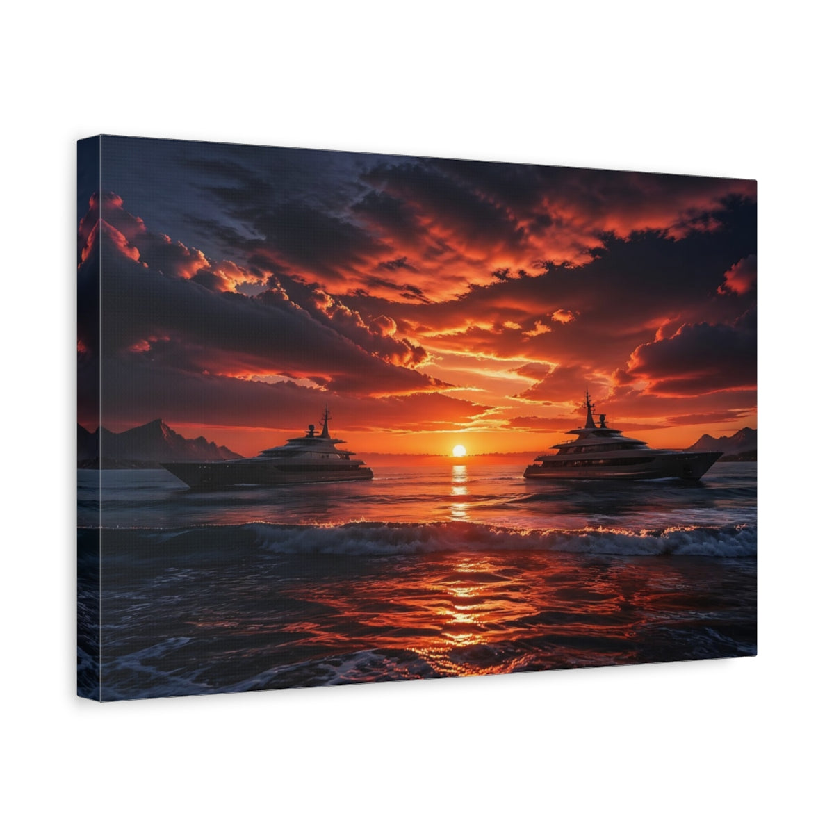 Side Mockup 4. Nature Luxury Yachts Orange Blue Sunset shown as stretched canvas wall art