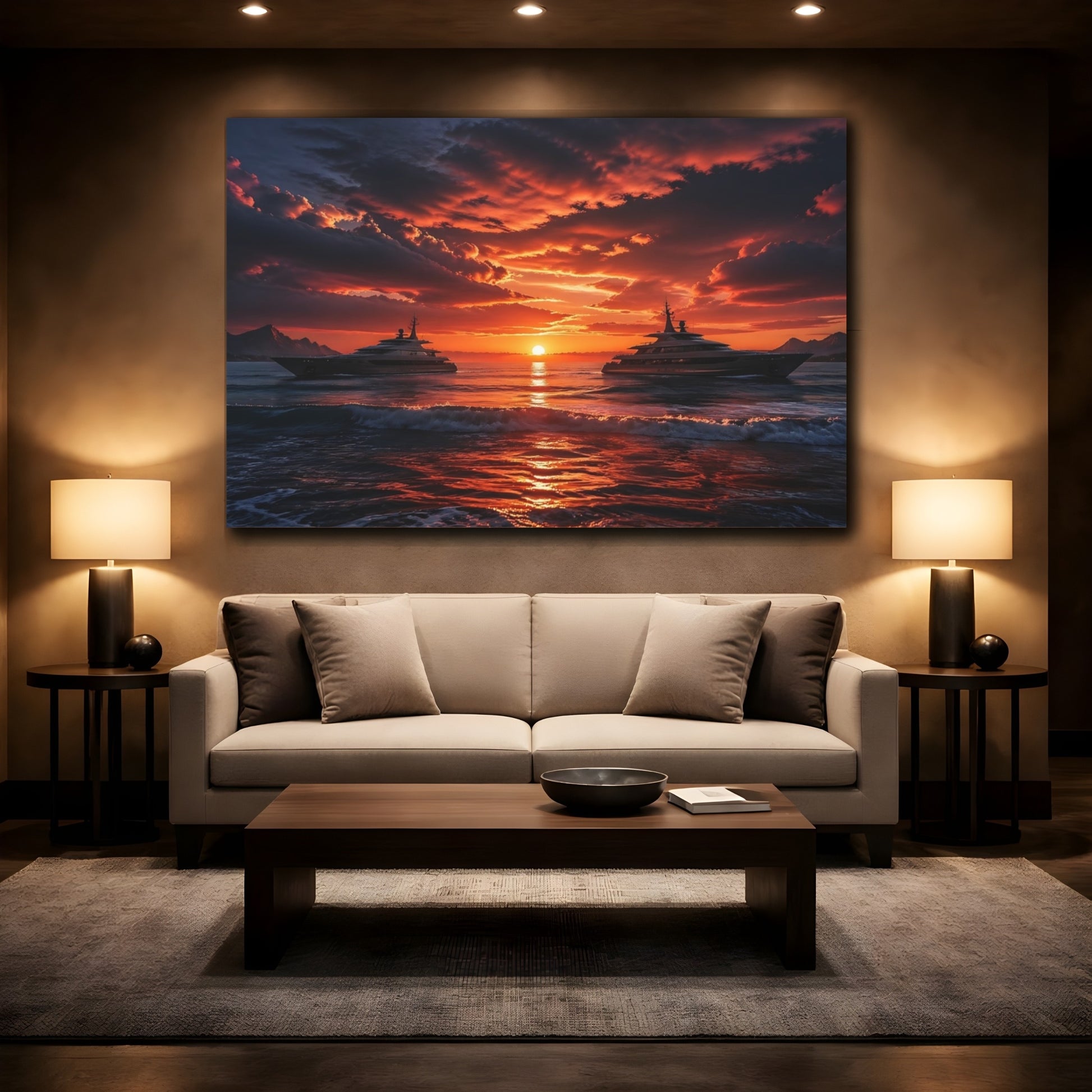 Mockup 2. Nature Luxury Yachts Orange Blue Sunset shown as stretched canvas wall art