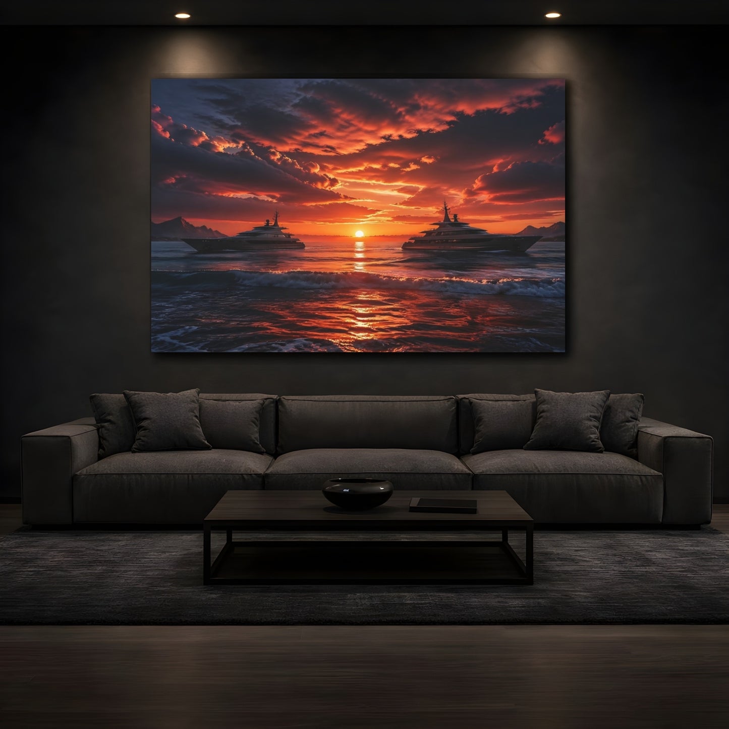 Mockup 3. Nature Luxury Yachts Orange Blue Sunset shown as stretched canvas wall art