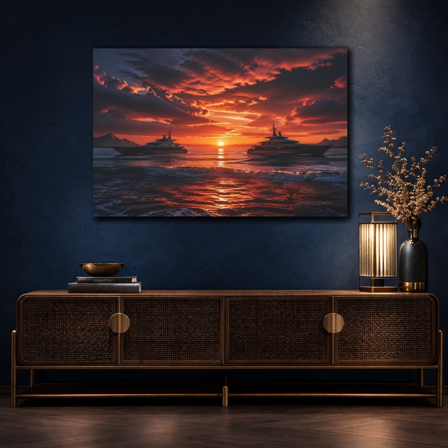 Mockup 4. Nature Luxury Yachts Orange Blue Sunset shown as stretched canvas wall art