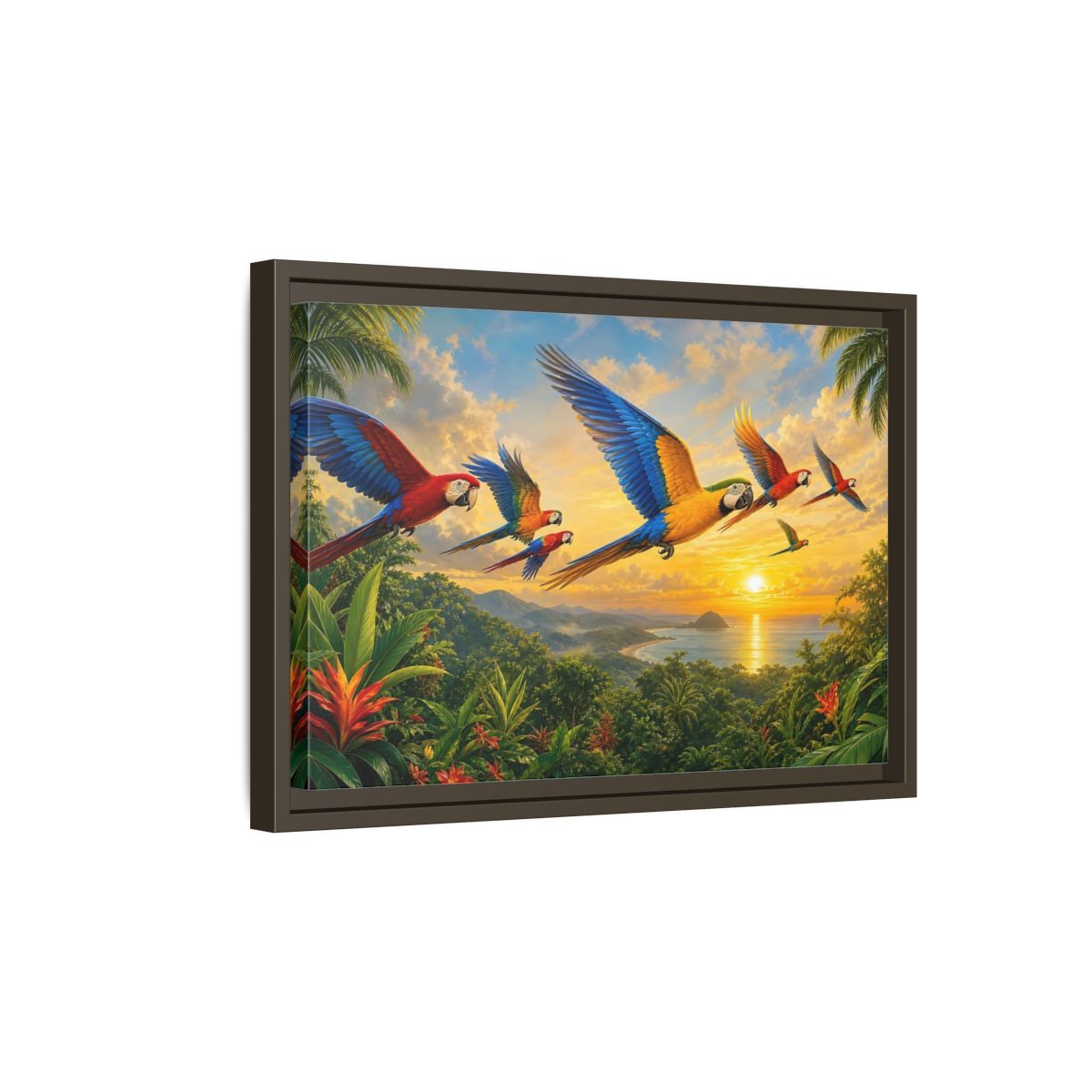 Side Mockup 5. Nature Macaws Tropical Sunset shown as stretched canvas wall art