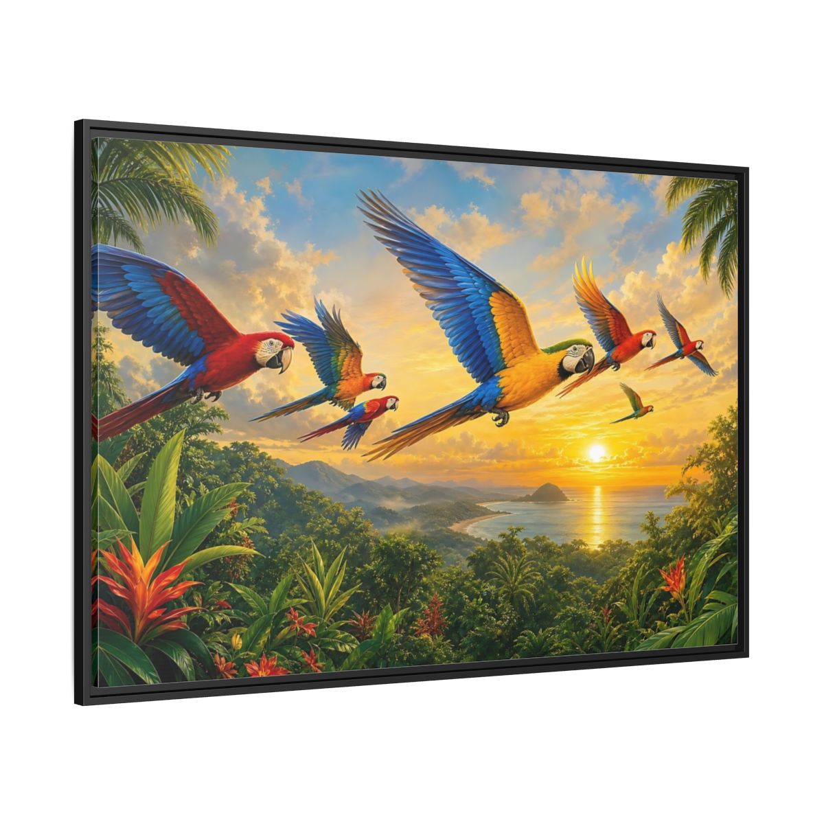 Side Mockup 12. Nature Macaws Tropical Sunset shown as stretched canvas wall art