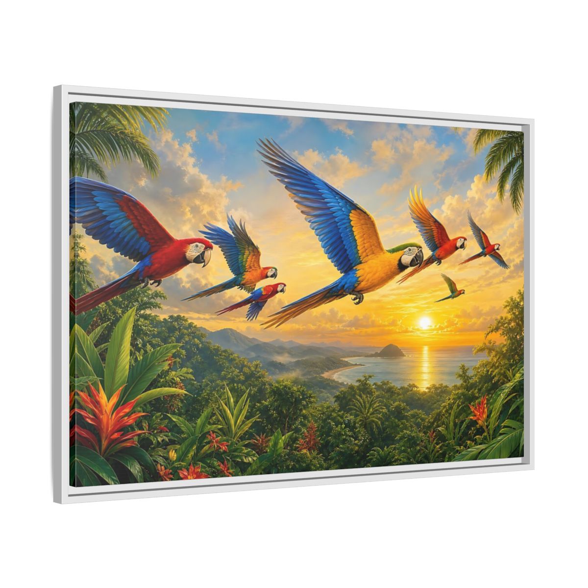 Side Mockup 9. Nature Macaws Tropical Sunset shown as stretched canvas wall art