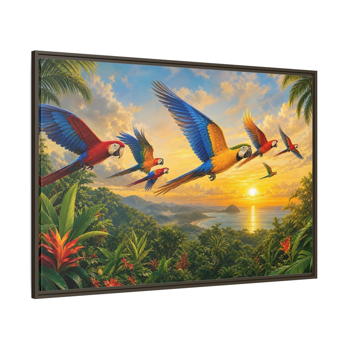 Side Mockup 8. Nature Macaws Tropical Sunset shown as stretched canvas wall art