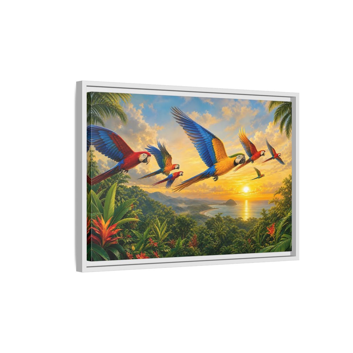 Side Mockup 1. Nature Macaws Tropical Sunset shown as stretched canvas wall art