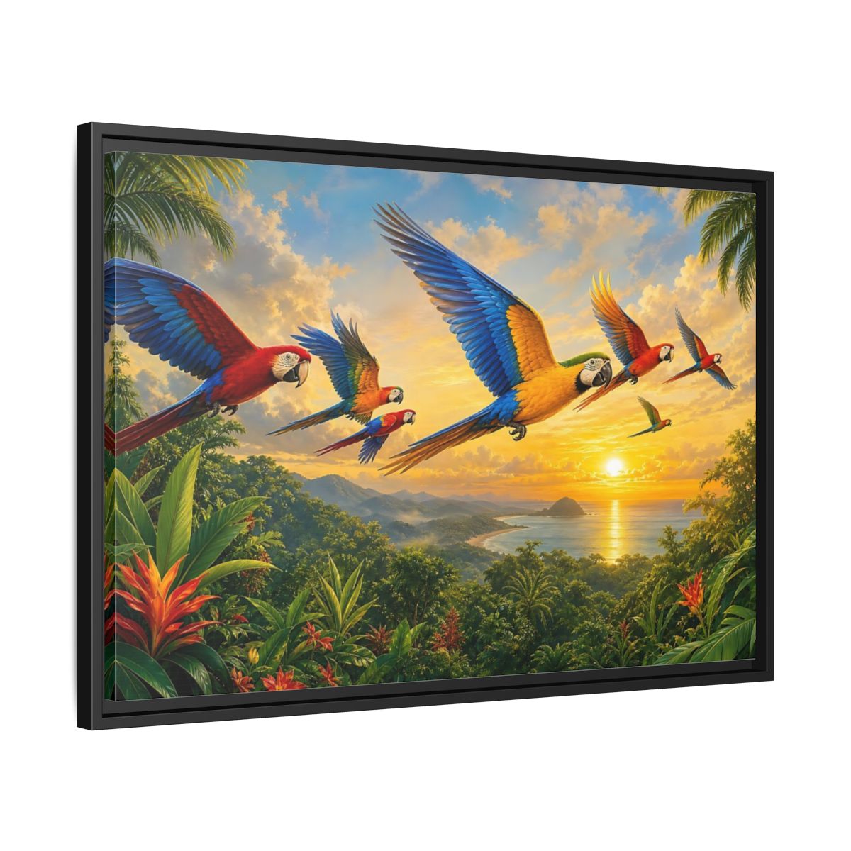 Side Mockup 14. Nature Macaws Tropical Sunset shown as stretched canvas wall art