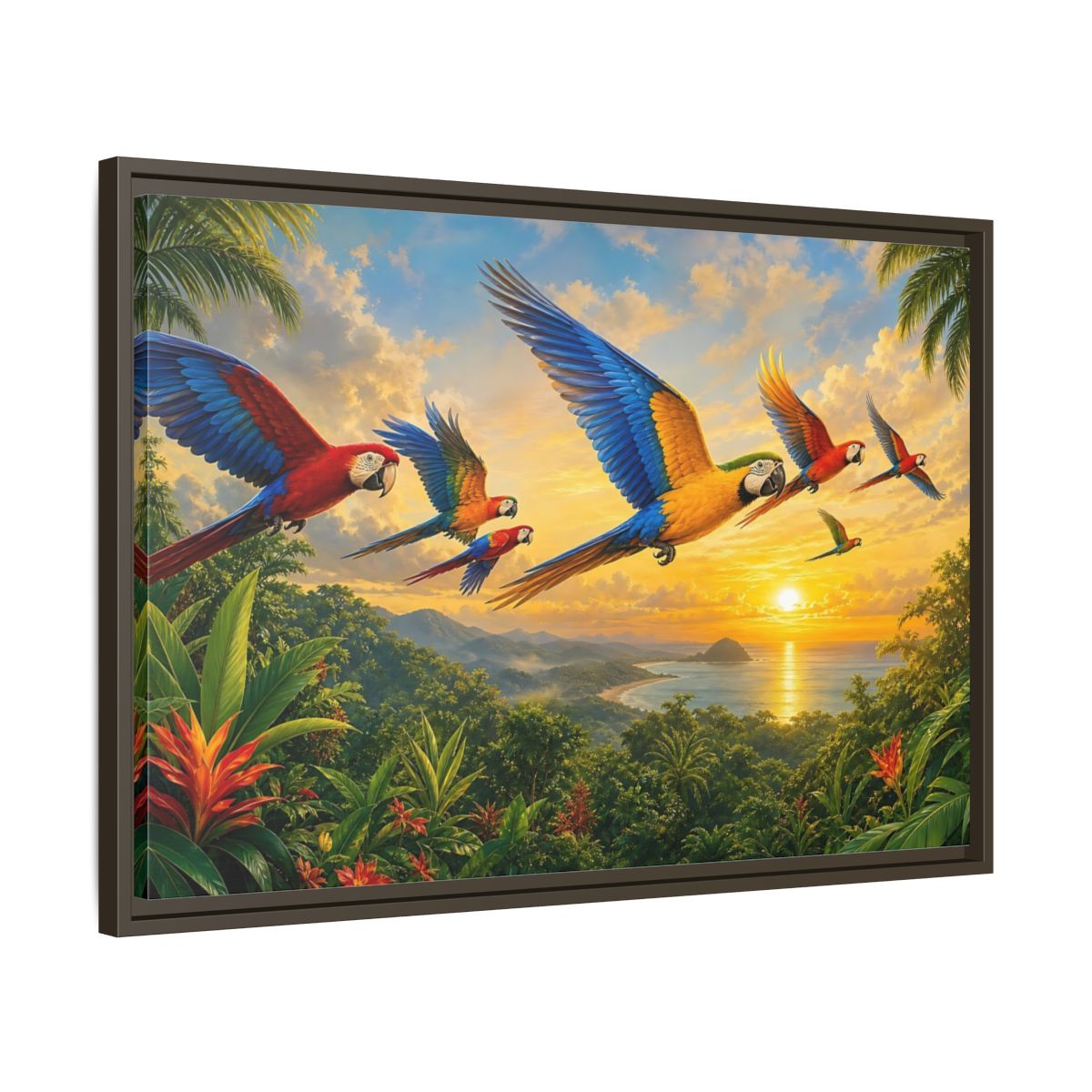 Side Mockup 11. Nature Macaws Tropical Sunset shown as stretched canvas wall art