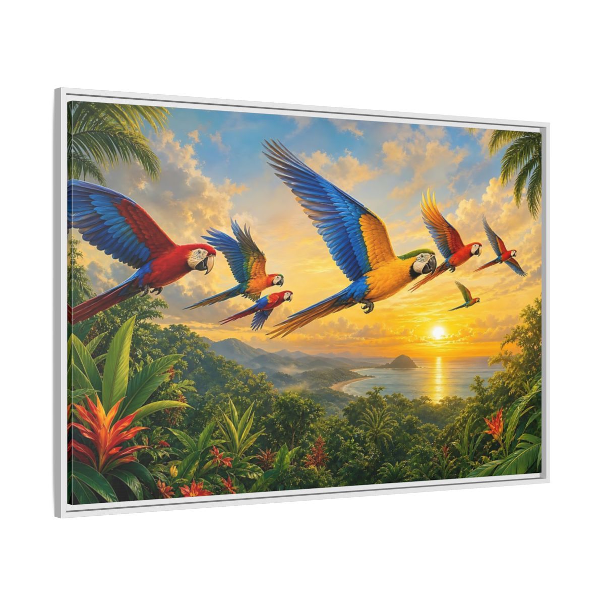 Side Mockup 7. Nature Macaws Tropical Sunset shown as stretched canvas wall art