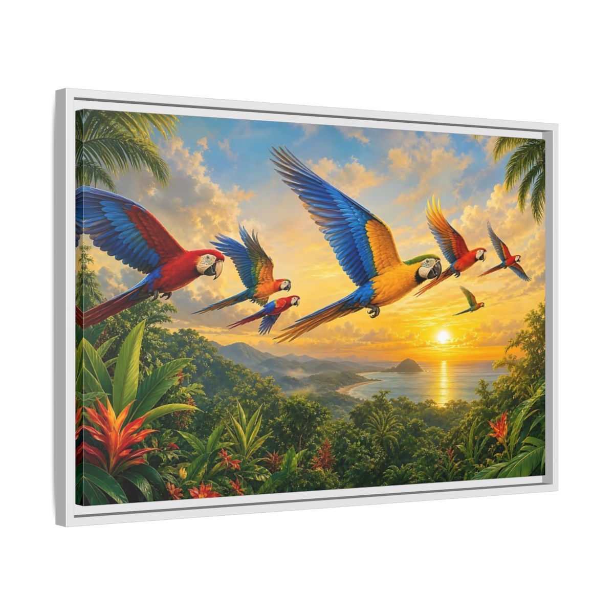 Side Mockup 10. Nature Macaws Tropical Sunset shown as stretched canvas wall art
