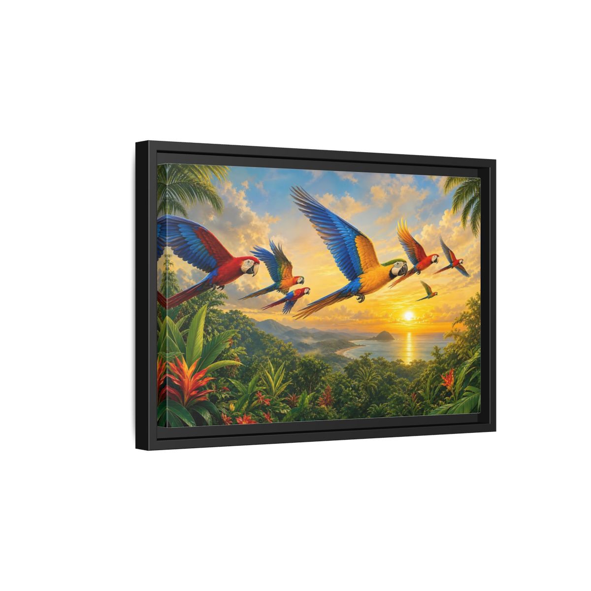 Side Mockup 6. Nature Macaws Tropical Sunset shown as stretched canvas wall art