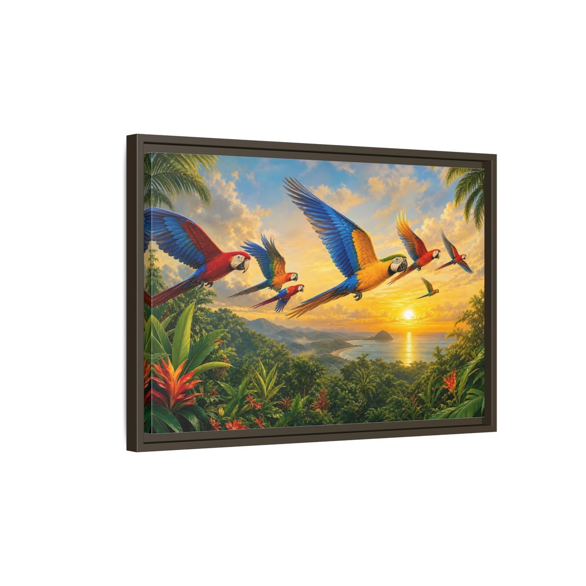 Side Mockup 2. Nature Macaws Tropical Sunset shown as stretched canvas wall art