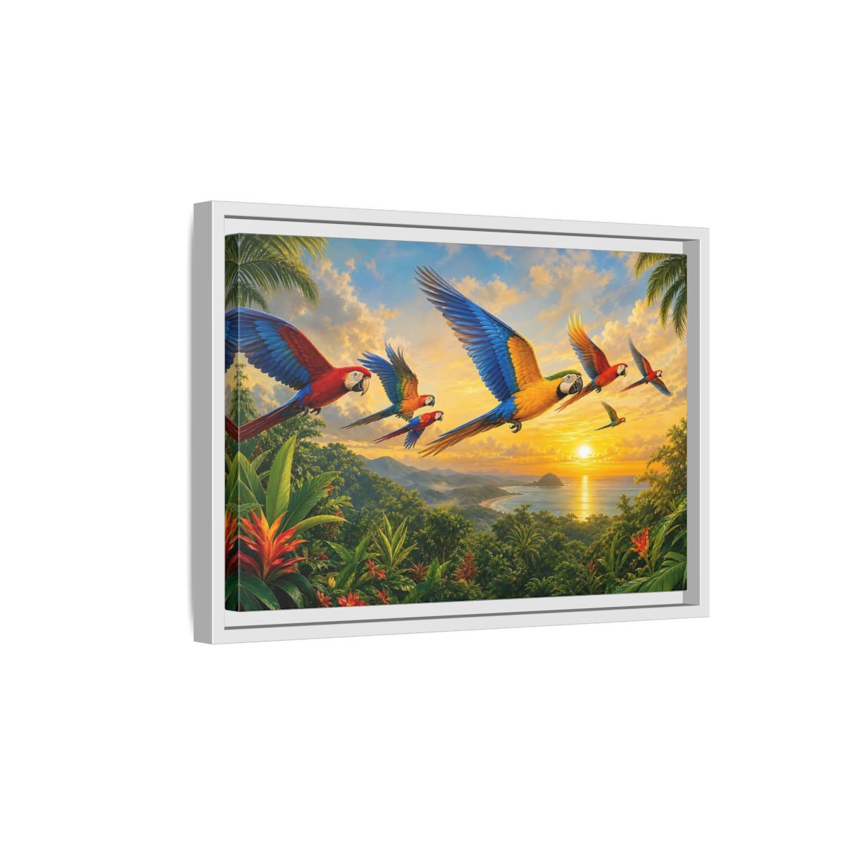 Side Mockup 4. Nature Macaws Tropical Sunset shown as stretched canvas wall art
