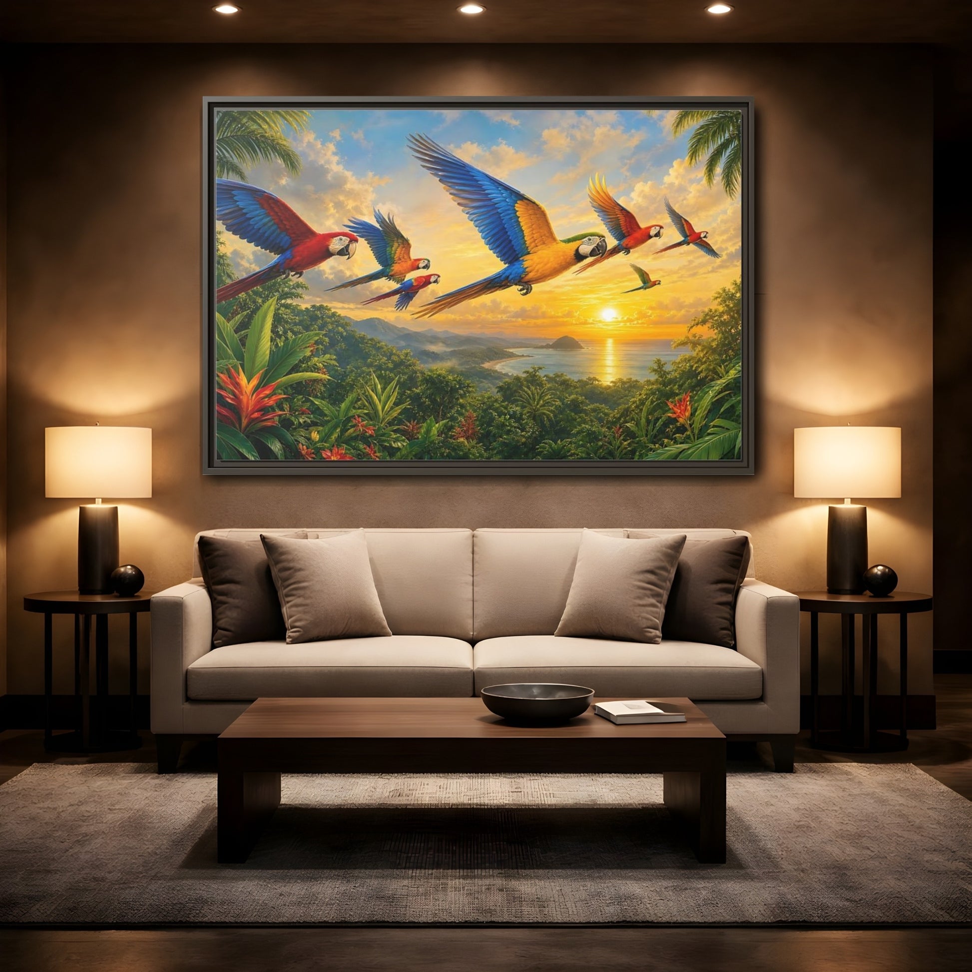 Mockup 2. Nature Macaws Tropical Sunset shown as stretched canvas wall art