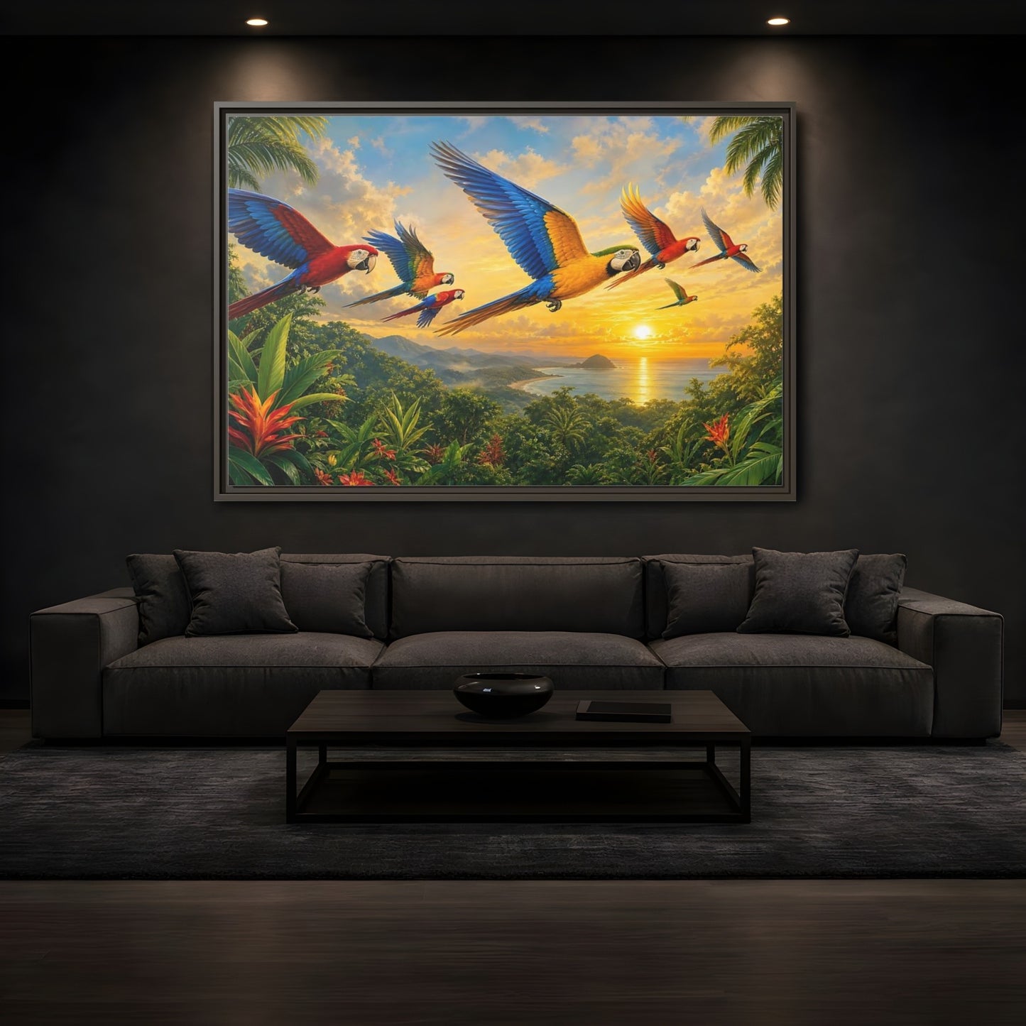 Mockup 3. Nature Macaws Tropical Sunset shown as stretched canvas wall art