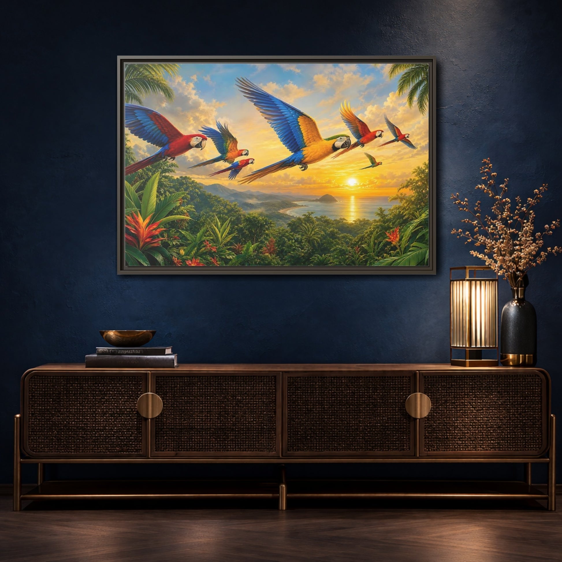Mockup 4. Nature Macaws Tropical Sunset shown as stretched canvas wall art