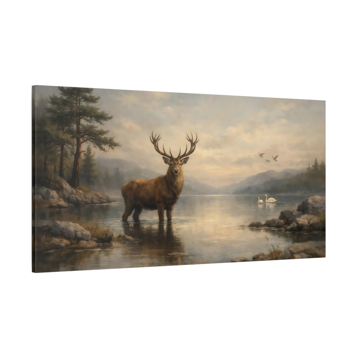 Main Mockup. Nature Majestic Stag Stag Lake Landscape shown as stretched canvas wall art
