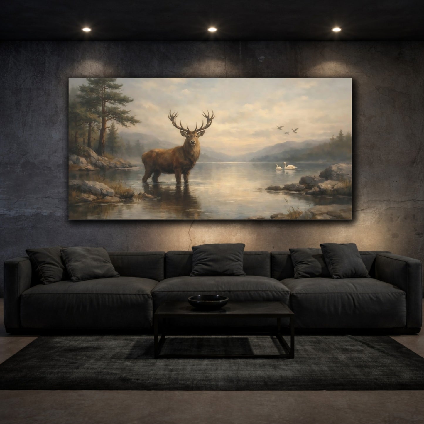 Mockup 2. Nature Majestic Stag Stag Lake Landscape shown as stretched canvas wall art