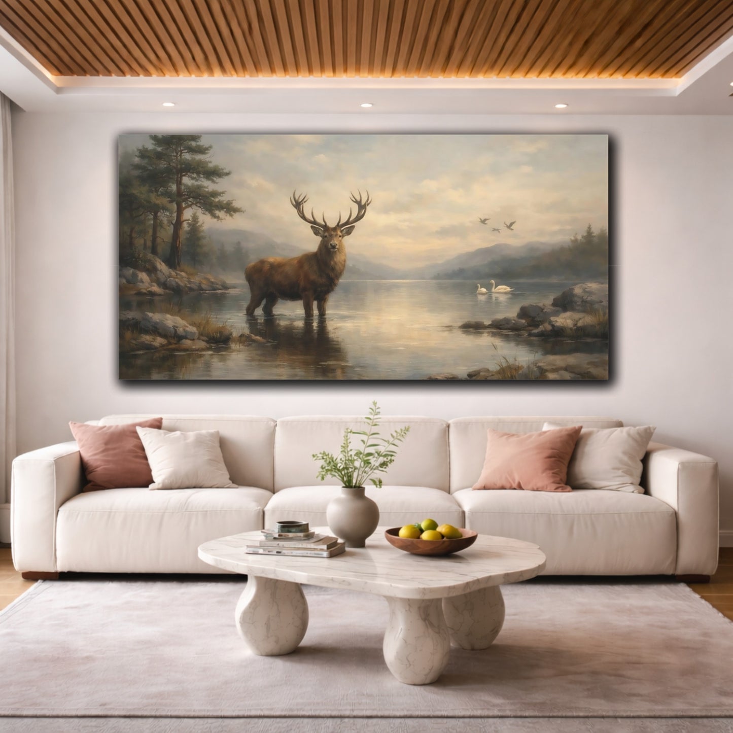 Mockup 3. Nature Majestic Stag Stag Lake Landscape shown as stretched canvas wall art