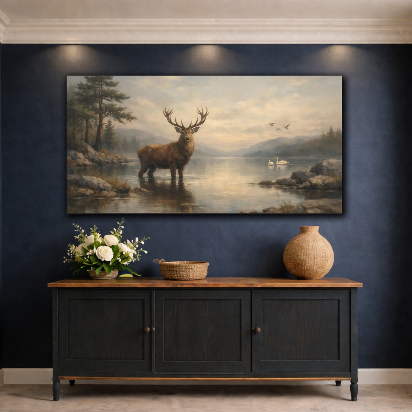 Mockup 4. Nature Majestic Stag Stag Lake Landscape shown as stretched canvas wall art