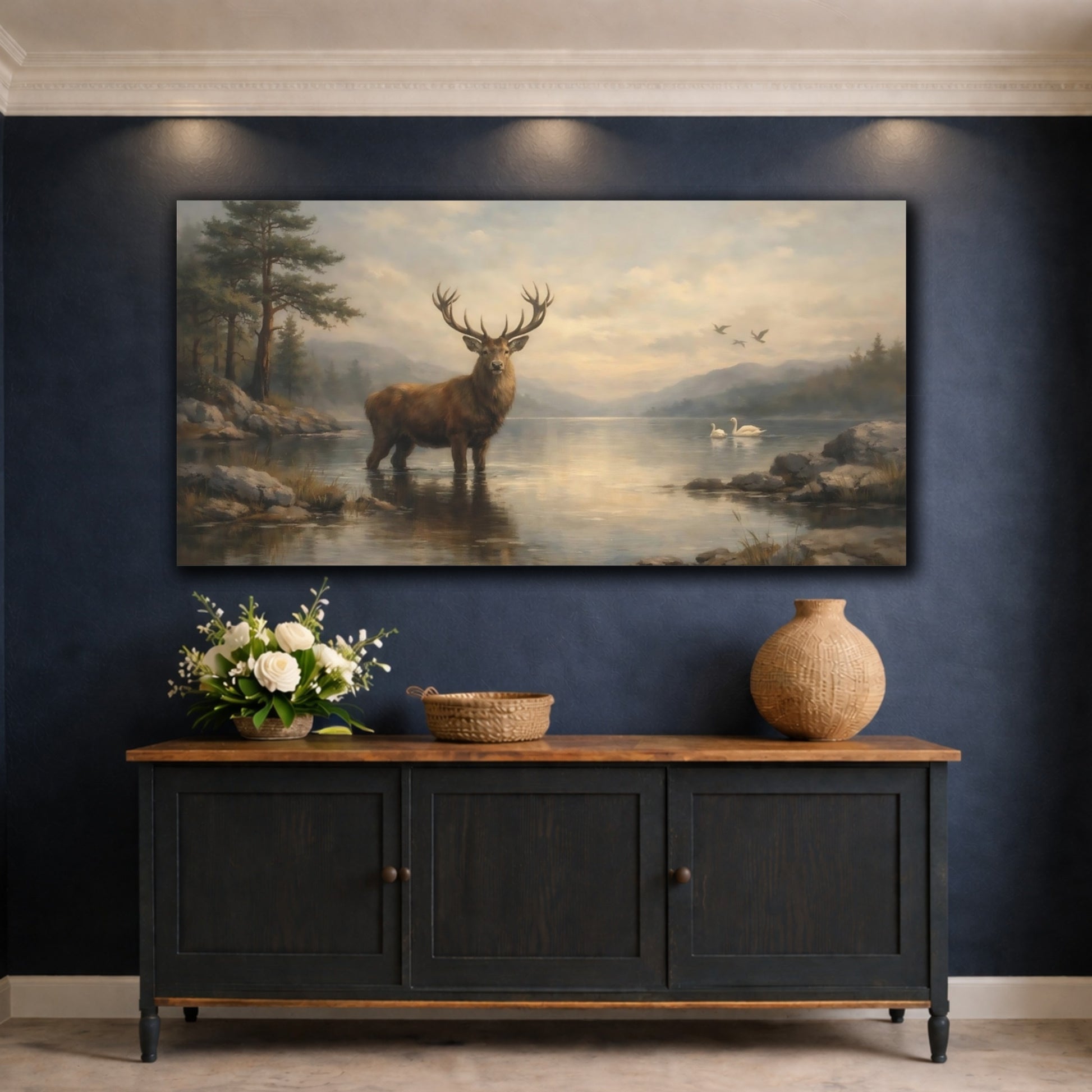 Mockup 4. Nature Majestic Stag Stag Lake Landscape shown as stretched canvas wall art