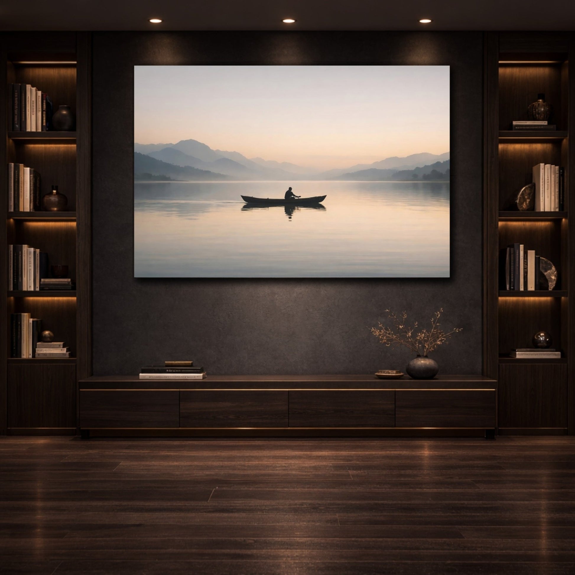 Nature Man Rowing Muted Lake Landscape - Canvas Wall Art Print - YesArtYes