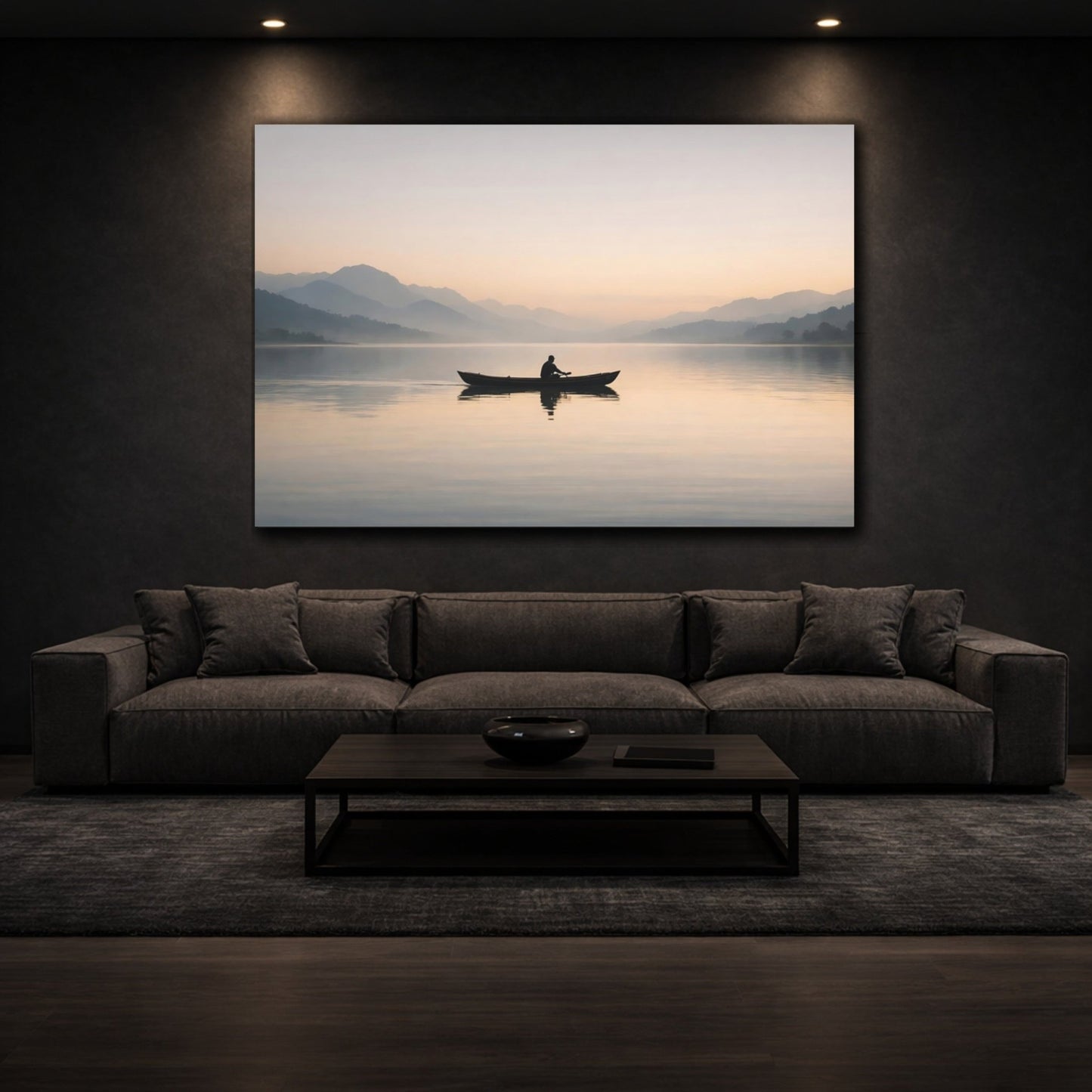 Nature Man Rowing Muted Lake Landscape - Canvas Wall Art Print - YesArtYes