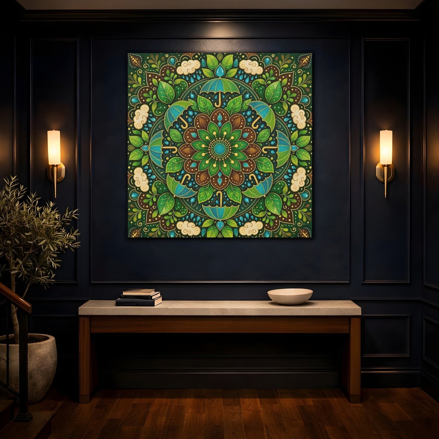 Nature Mandala Green And Brown Canvas Print Wall Art – Decorative Living Room, Above Console Table - YesArtYes