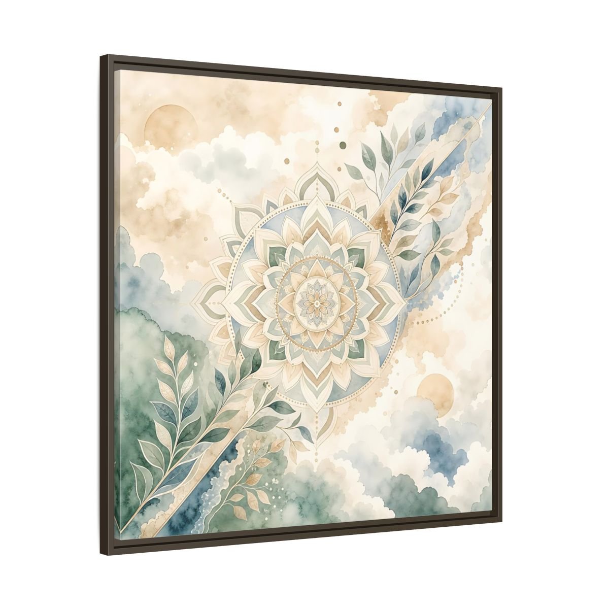 Nature Mandala Green Beige Framed Canvas Print Wall Art – Watercolor Living Room, Above Console Table - YesArtYes