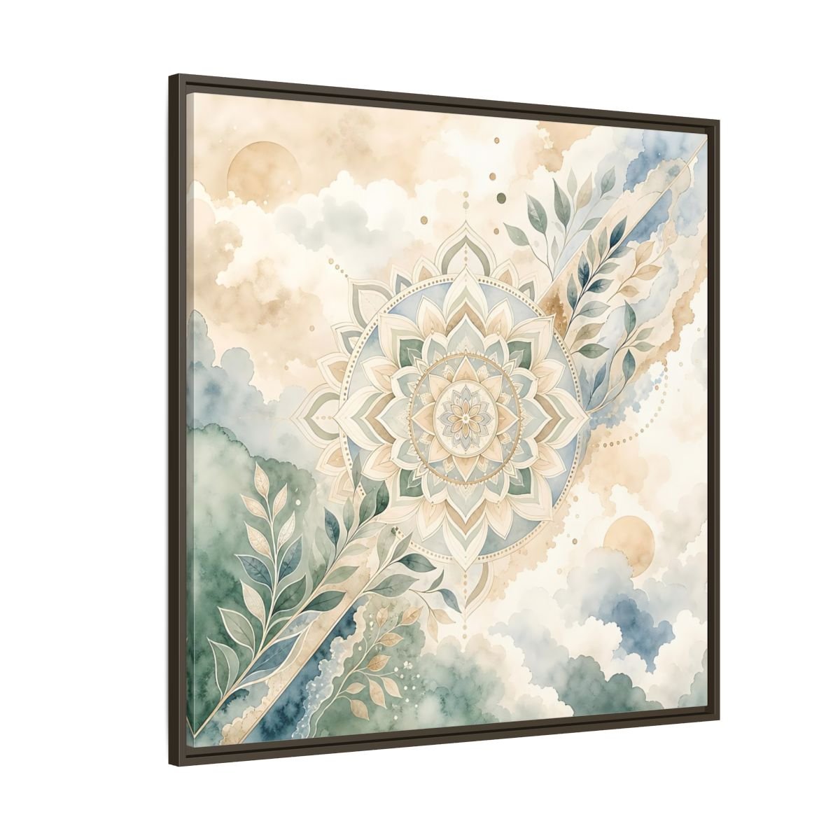 Nature Mandala Green Beige Framed Canvas Print Wall Art – Watercolor Living Room, Above Console Table - YesArtYes