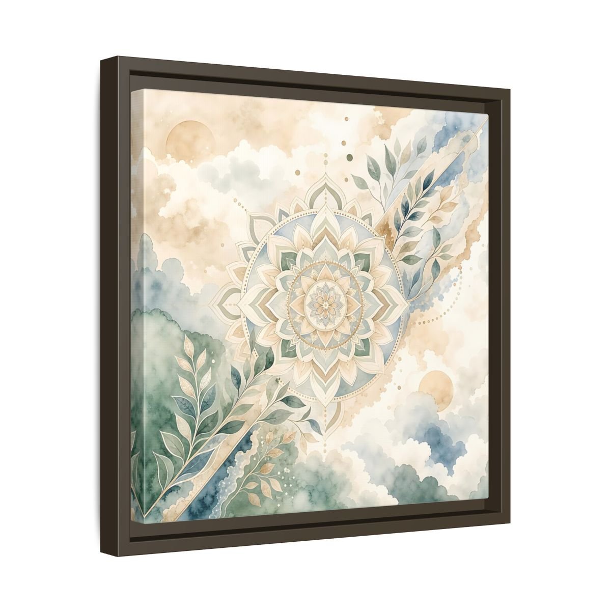 Nature Mandala Green Beige Framed Canvas Print Wall Art – Watercolor Living Room, Above Console Table - YesArtYes