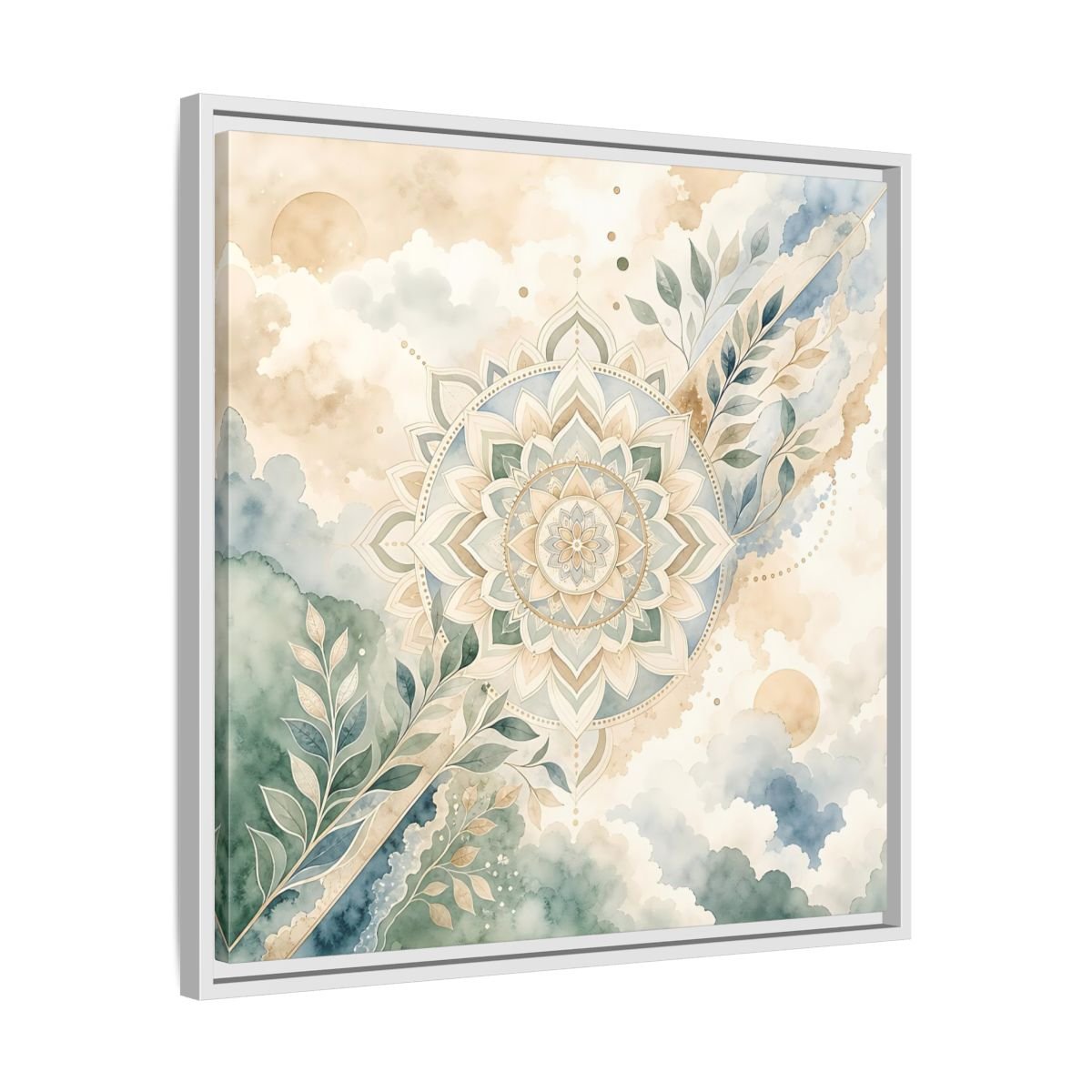 Nature Mandala Green Beige Framed Canvas Print Wall Art – Watercolor Living Room, Above Console Table - YesArtYes