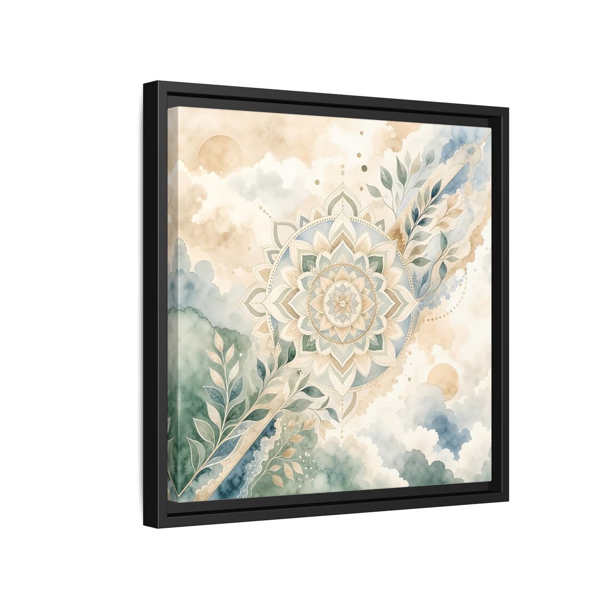 Nature Mandala Green Beige Framed Canvas Print Wall Art – Watercolor Living Room, Above Console Table - YesArtYes