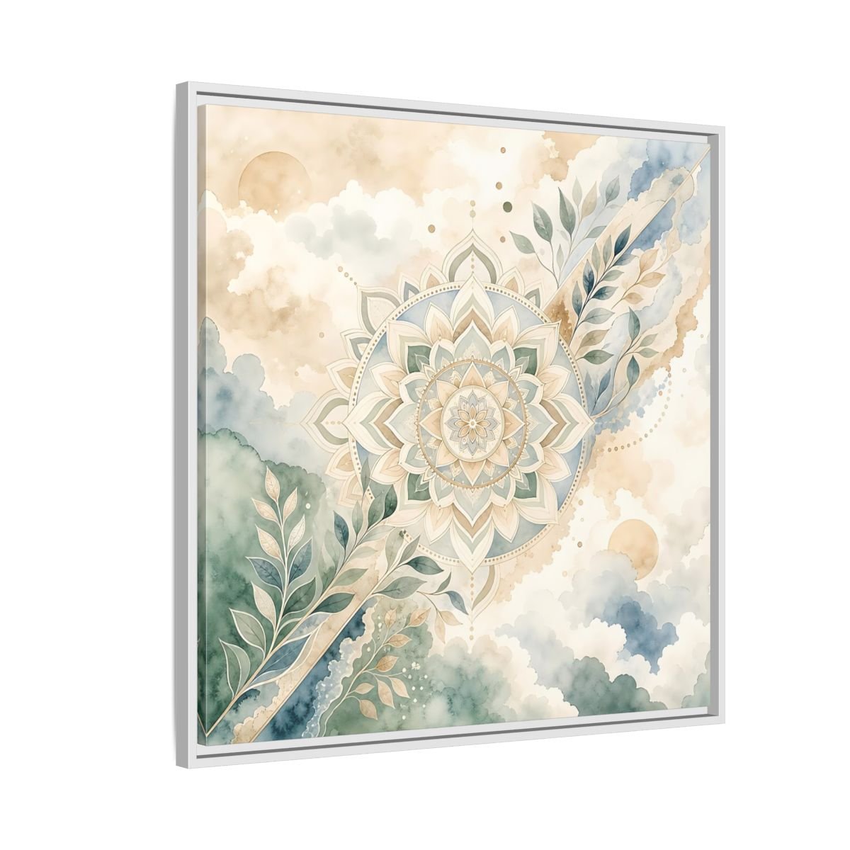 Nature Mandala Green Beige Framed Canvas Print Wall Art – Watercolor Living Room, Above Console Table - YesArtYes