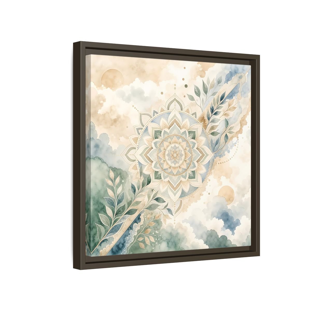 Nature Mandala Green Beige Framed Canvas Print Wall Art – Watercolor Living Room, Above Console Table - YesArtYes