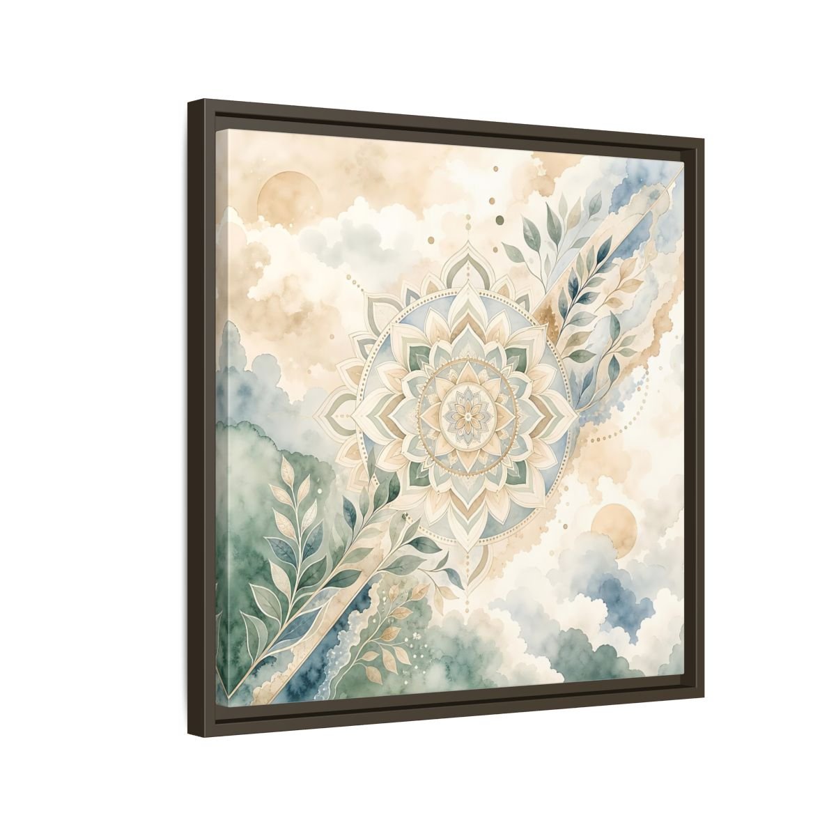Nature Mandala Green Beige Framed Canvas Print Wall Art – Watercolor Living Room, Above Console Table - YesArtYes