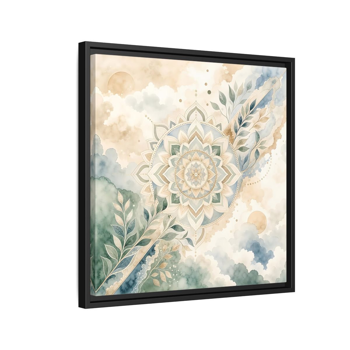 Nature Mandala Green Beige Framed Canvas Print Wall Art – Watercolor Living Room, Above Console Table - YesArtYes