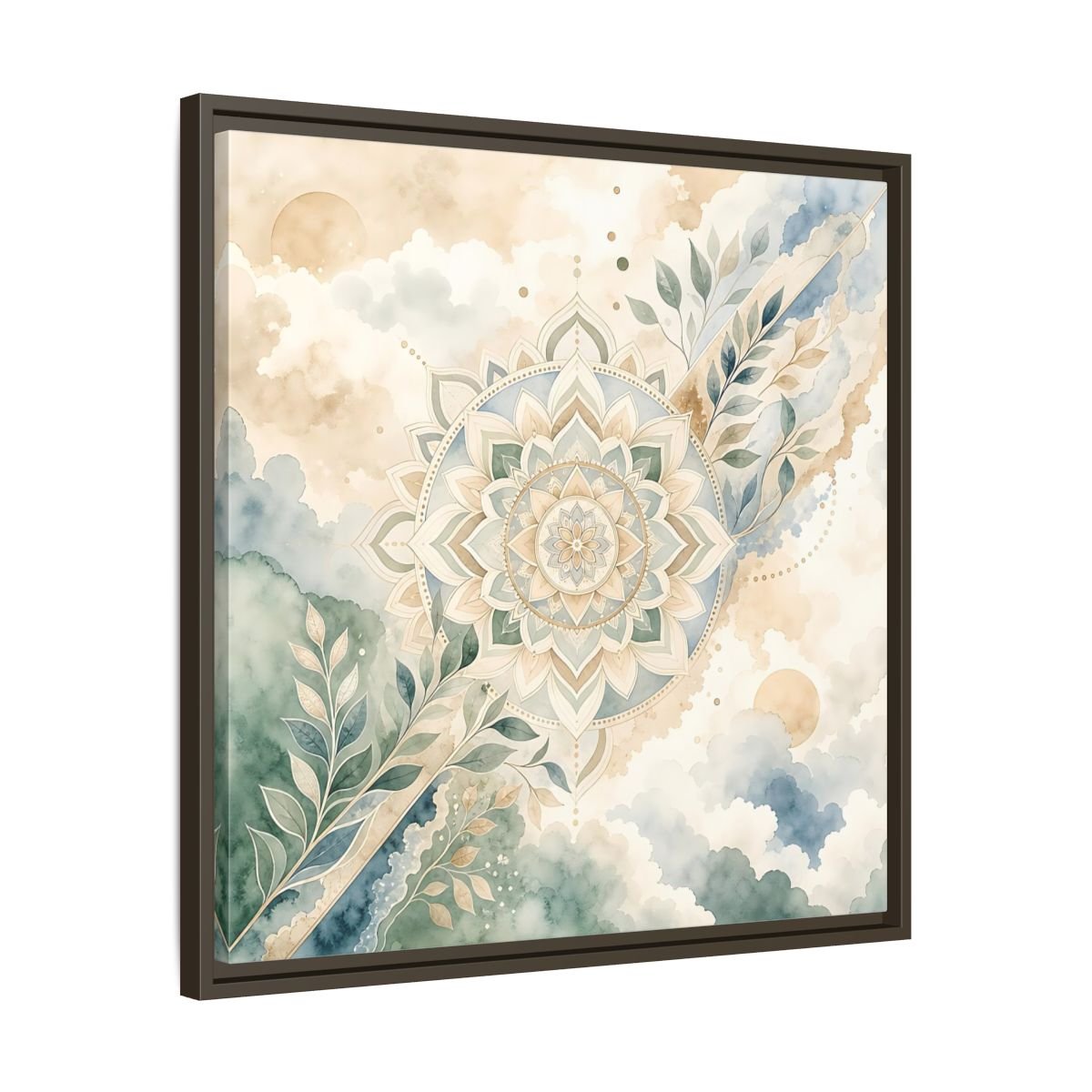 Nature Mandala Green Beige Framed Canvas Print Wall Art – Watercolor Living Room, Above Console Table - YesArtYes