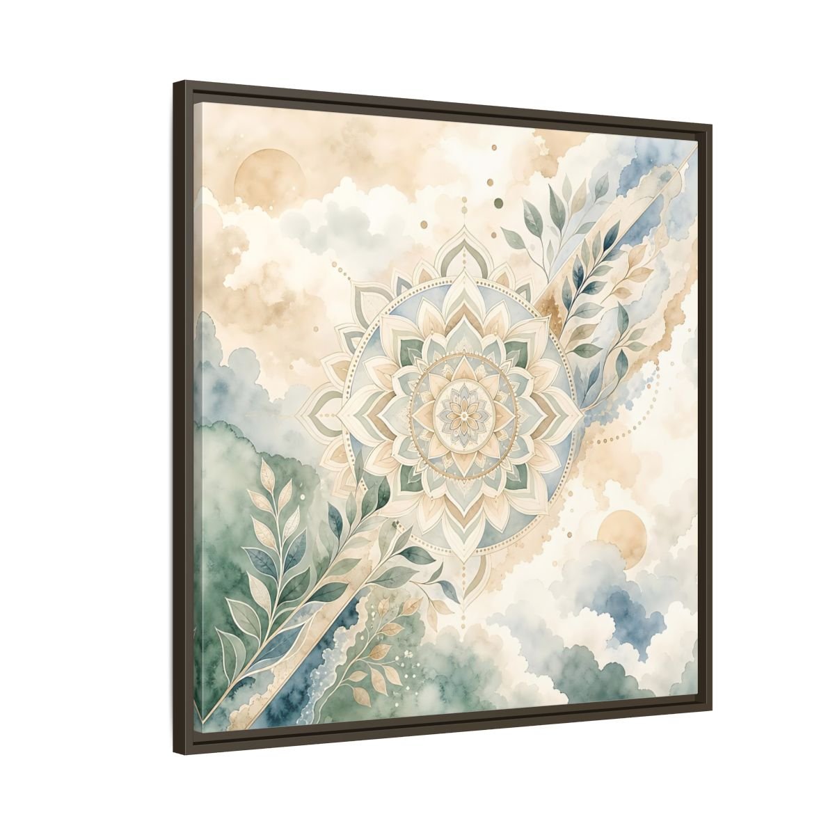 Nature Mandala Green Beige Framed Canvas Print Wall Art – Watercolor Living Room, Above Console Table - YesArtYes