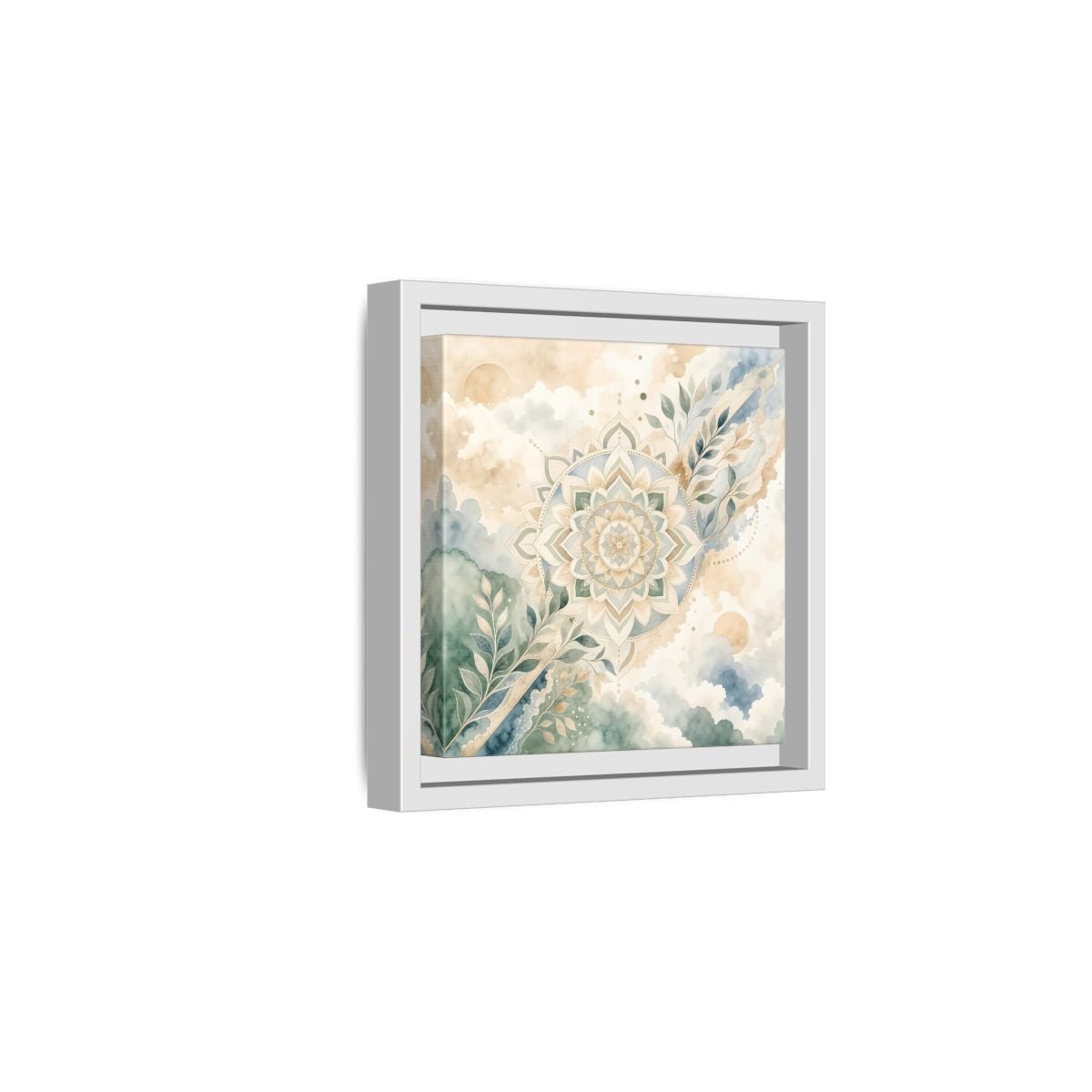 Nature Mandala Green Beige Framed Canvas Print Wall Art – Watercolor Living Room, Above Console Table - YesArtYes