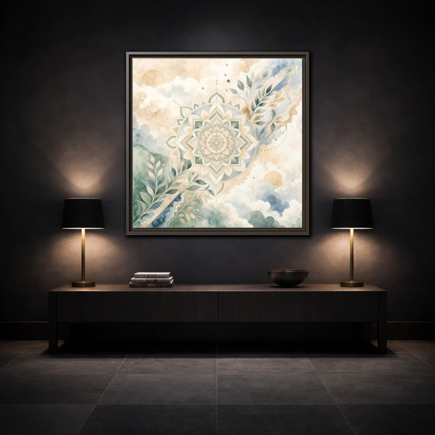 Nature Mandala Green Beige Framed Canvas Print Wall Art – Watercolor Living Room, Above Console Table - YesArtYes
