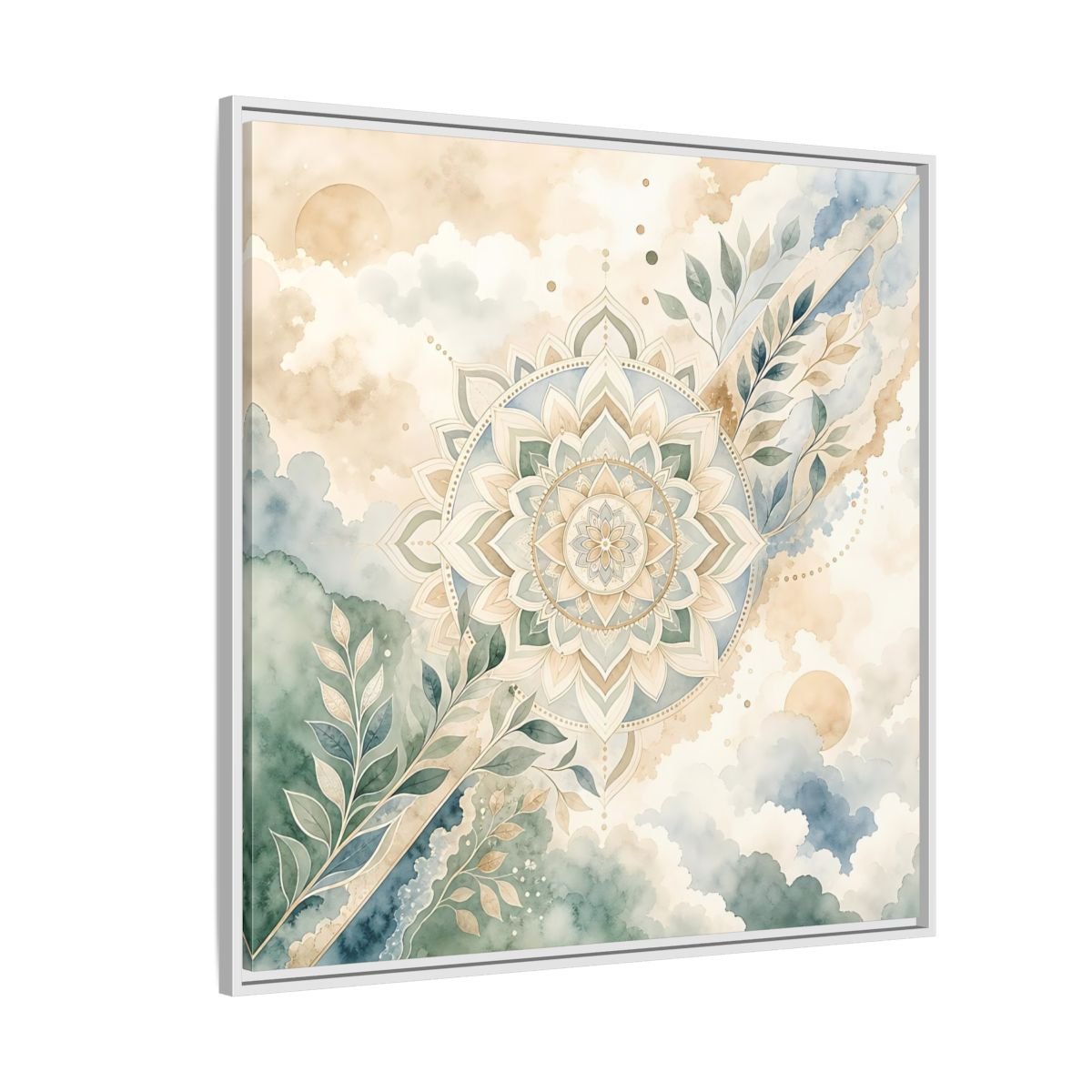 Nature Mandala Green Beige Framed Canvas Print Wall Art – Watercolor Living Room, Above Console Table - YesArtYes