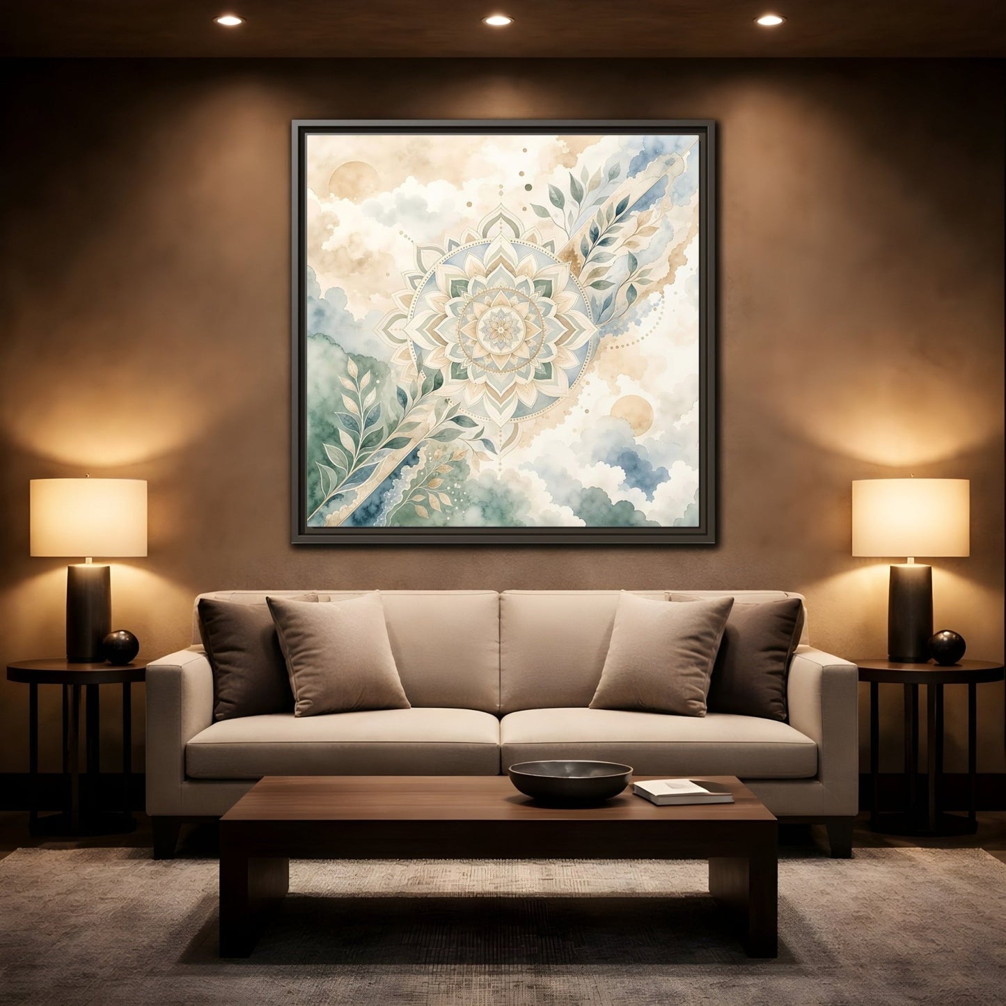 Nature Mandala Green Beige Framed Canvas Print Wall Art – Watercolor Living Room, Above Console Table - YesArtYes