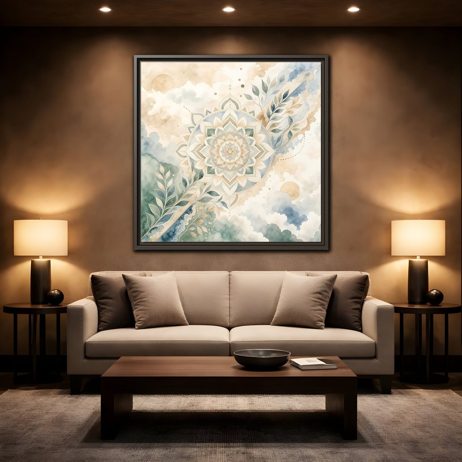 Nature Mandala Green Beige Framed Canvas Print Wall Art – Watercolor Living Room, Above Console Table - YesArtYes